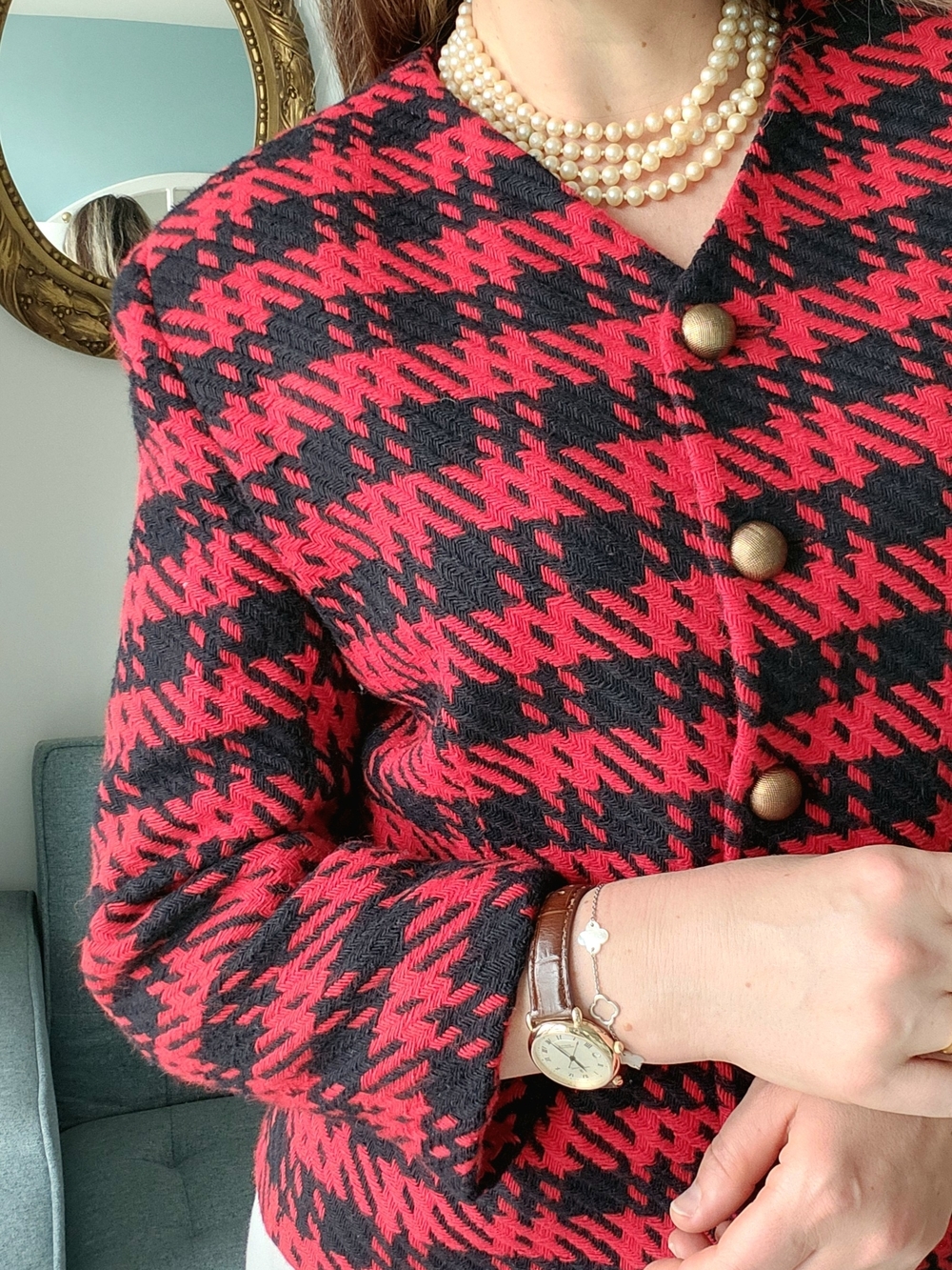 Vintage Classic Wool Red & Black Houndstooth 80s Jacket - Women's Tailored Coat